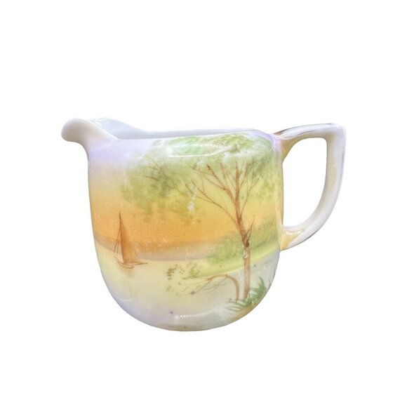 Vtg Nippon Creamer Jug White Porcelain 2.5" Sailboat Sunset Trees Lake Restful - Picture 2 of 8